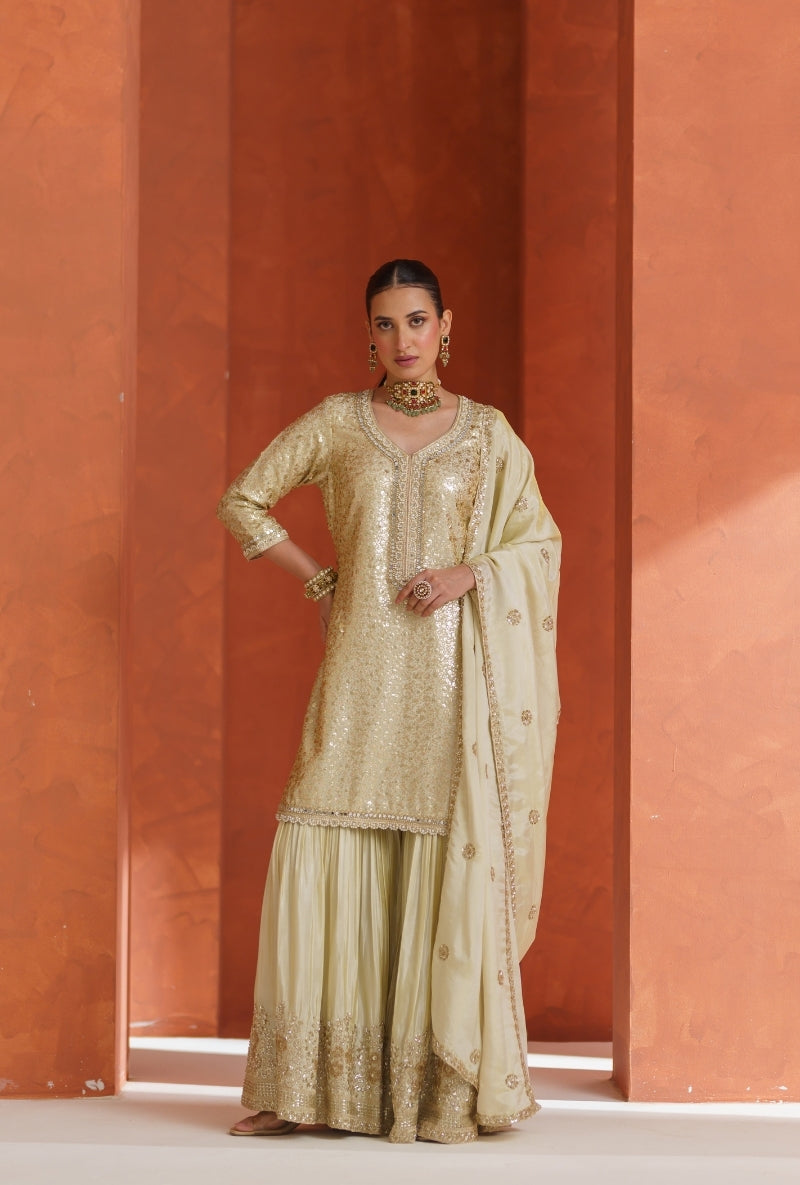 Ivory All Over Sequin Vira Gharara Set