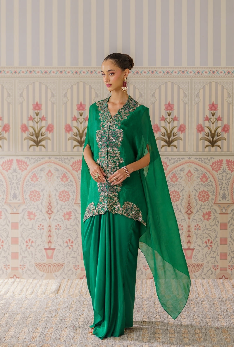 Bottle Green Sequin and Dori Mallika Cape Set