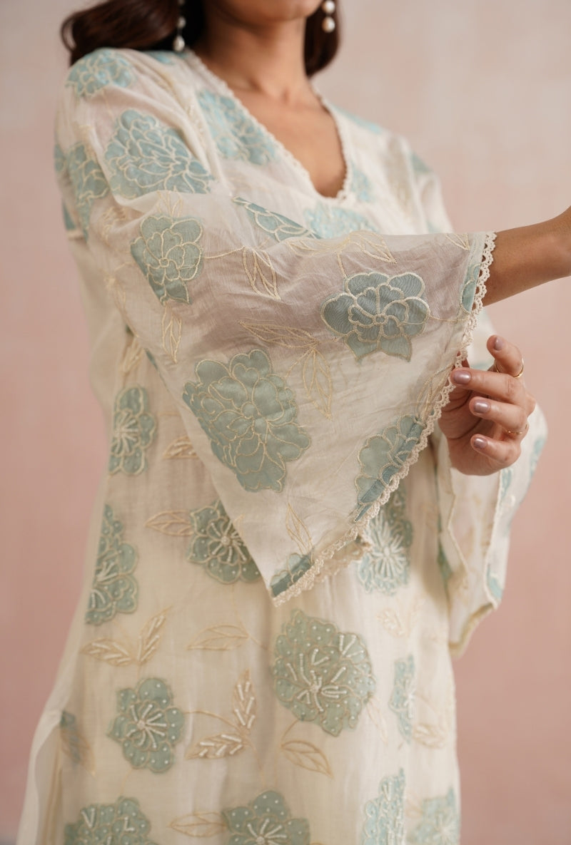 Pale Blue Applique and Pearl Embroidered Prisha Kurta Set