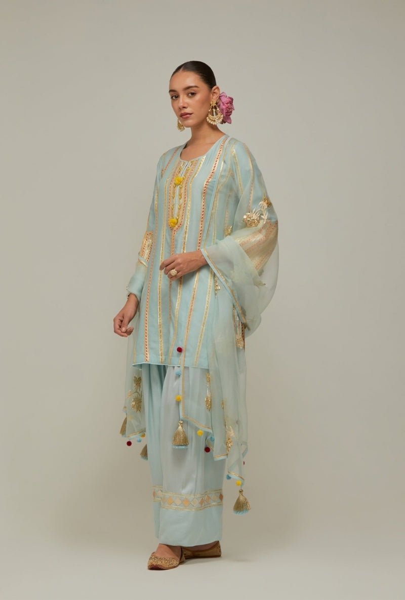 Ice Blue Multistripe Gota Short Kurta Mehreen Farshi Set