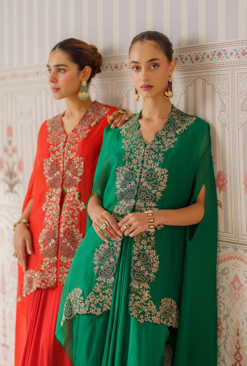 Bottle Green Sequin and Dori Mallika Cape Set