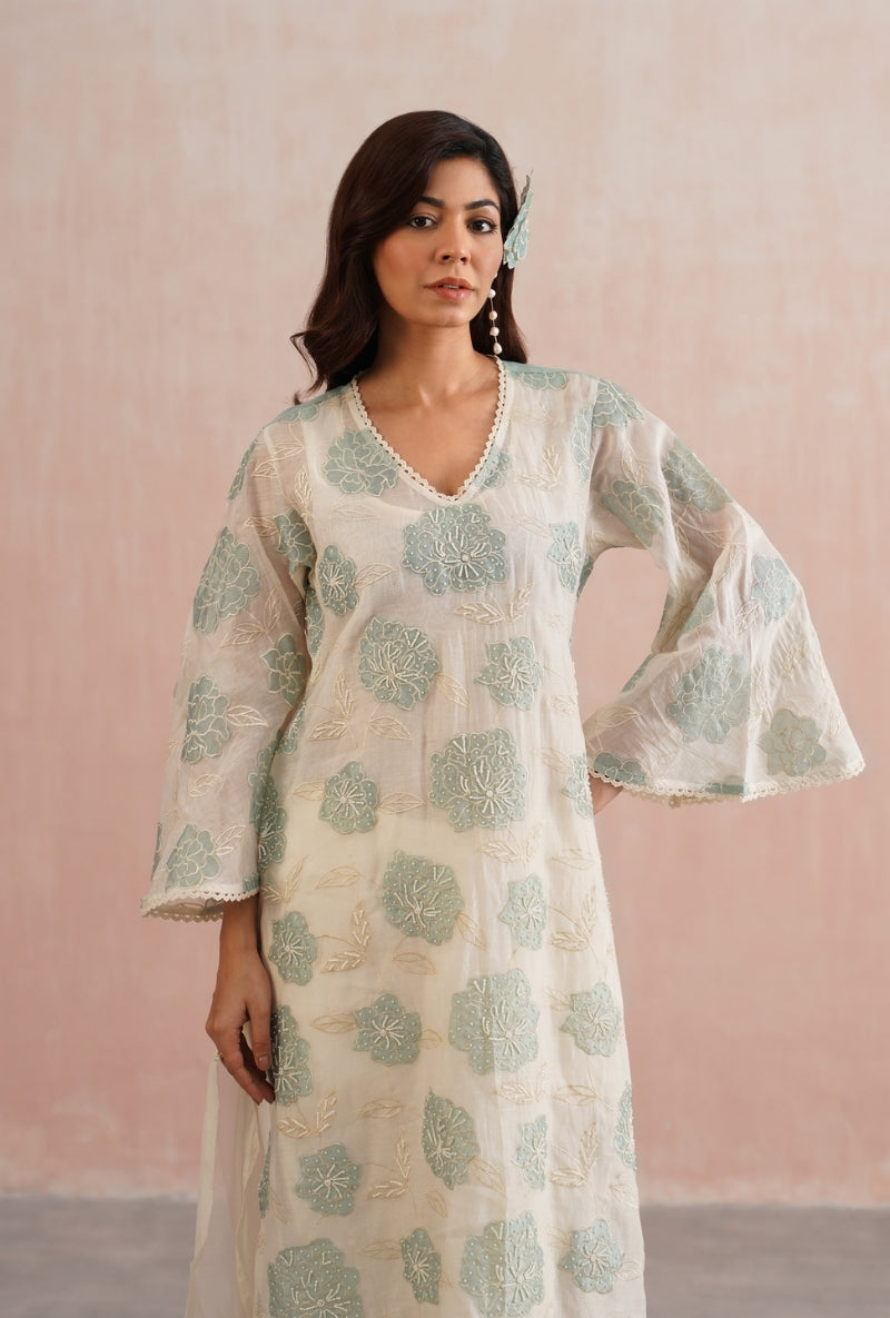 Pale Blue Applique and Pearl Embroidered Prisha Kurta Set