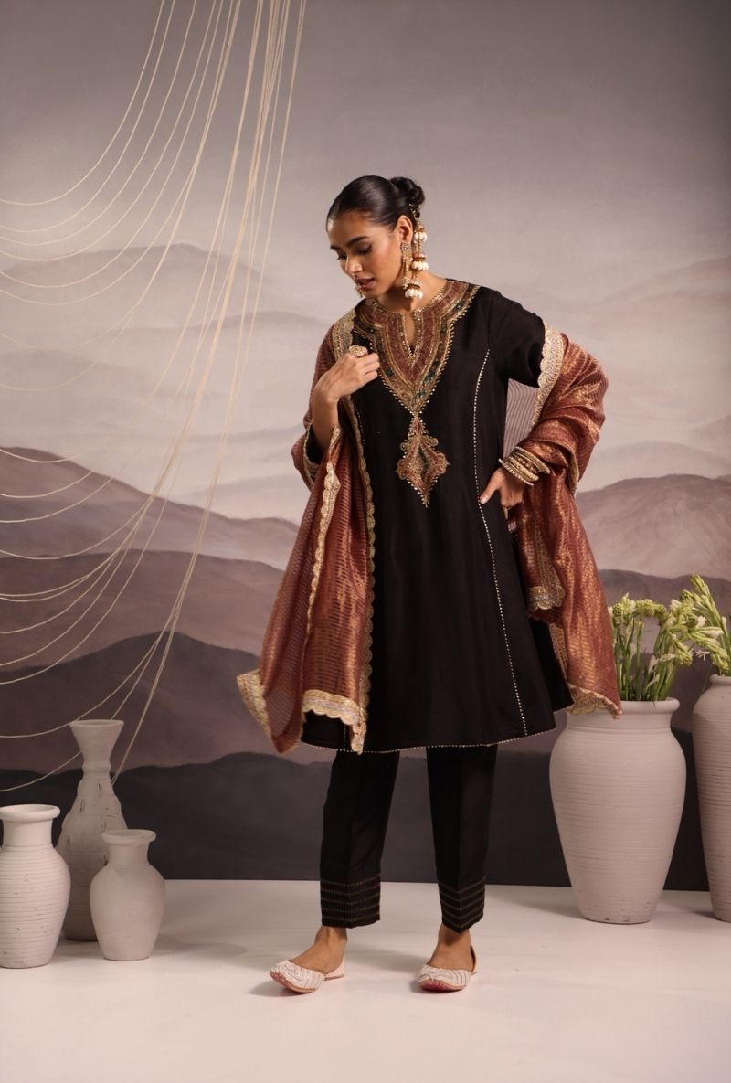 Black Hand Embroidered Yoke Choga Surily Kurta Set