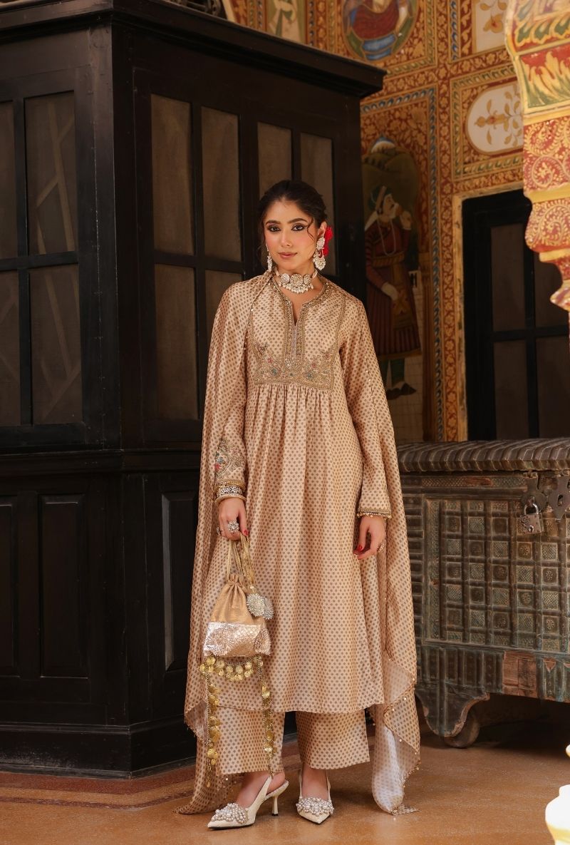 Ivory Printed Frockstyle Mehfil Kurta Set