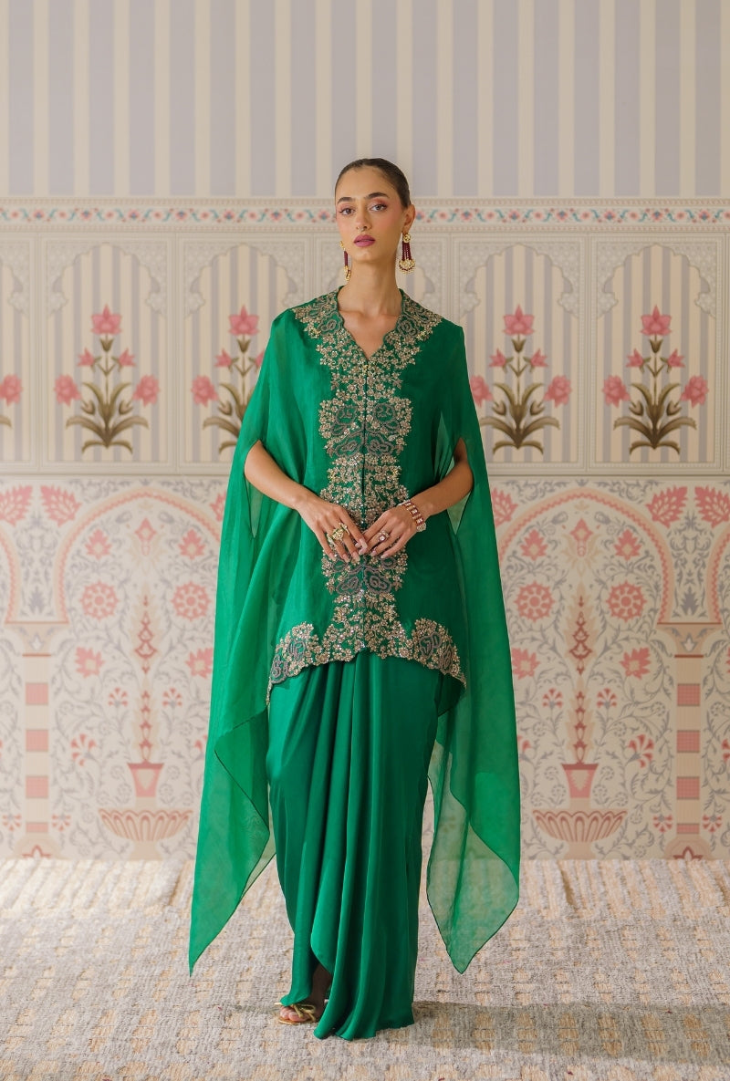 Bottle Green Sequin and Dori Mallika Cape Set