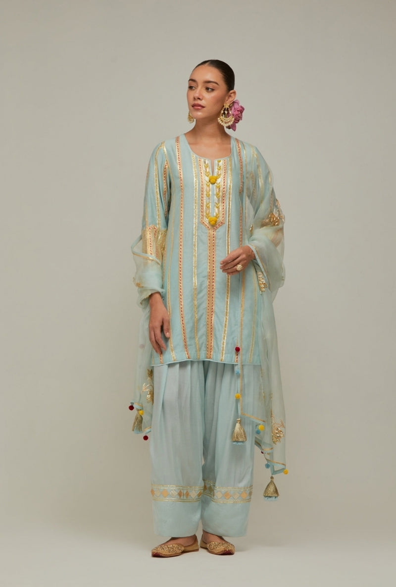 Ice Blue Multistripe Gota Short Kurta Mehreen Farshi Set