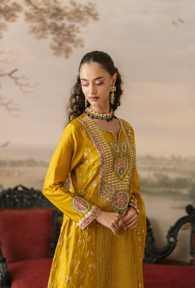 Mustard Banarsi Stripe Gulbano Anarkali Set
