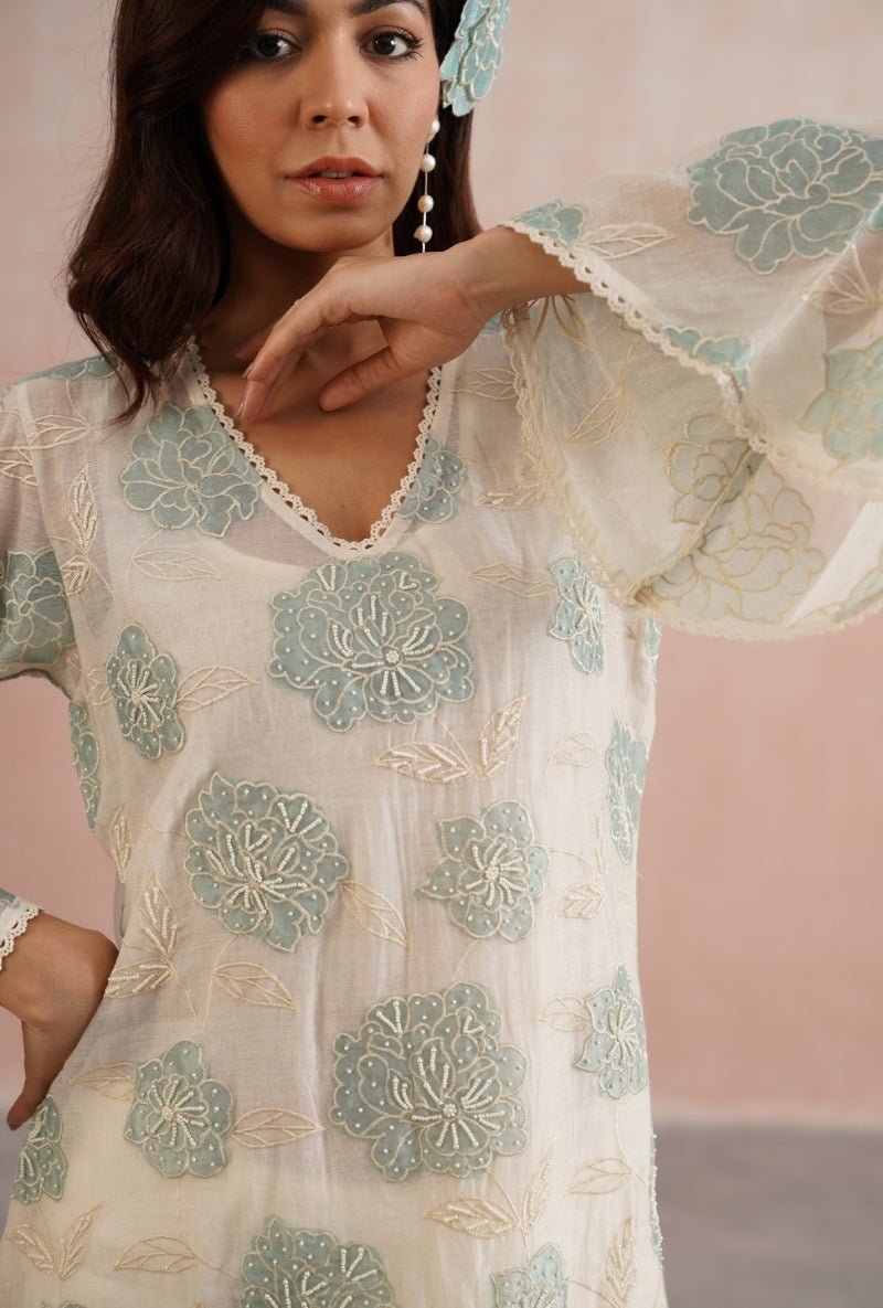 Pale Blue Applique and Pearl Embroidered Prisha Kurta Set