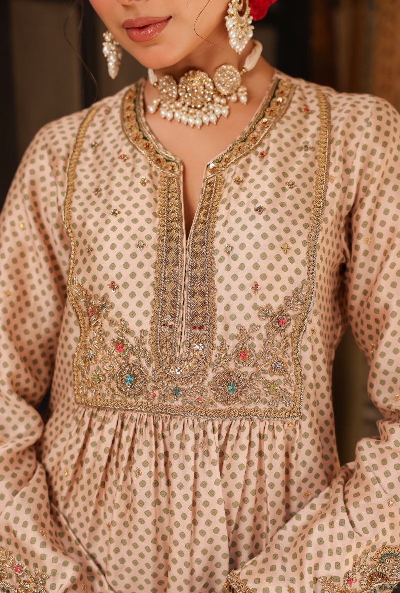 Ivory Printed Frockstyle Mehfil Kurta Set