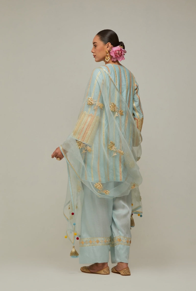 Ice Blue Multistripe Gota Short Kurta Mehreen Farshi Set