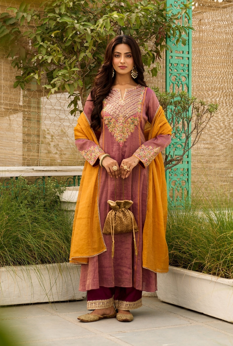 Purple Heavy Yoke Paneled Sabah Anarkali Set
