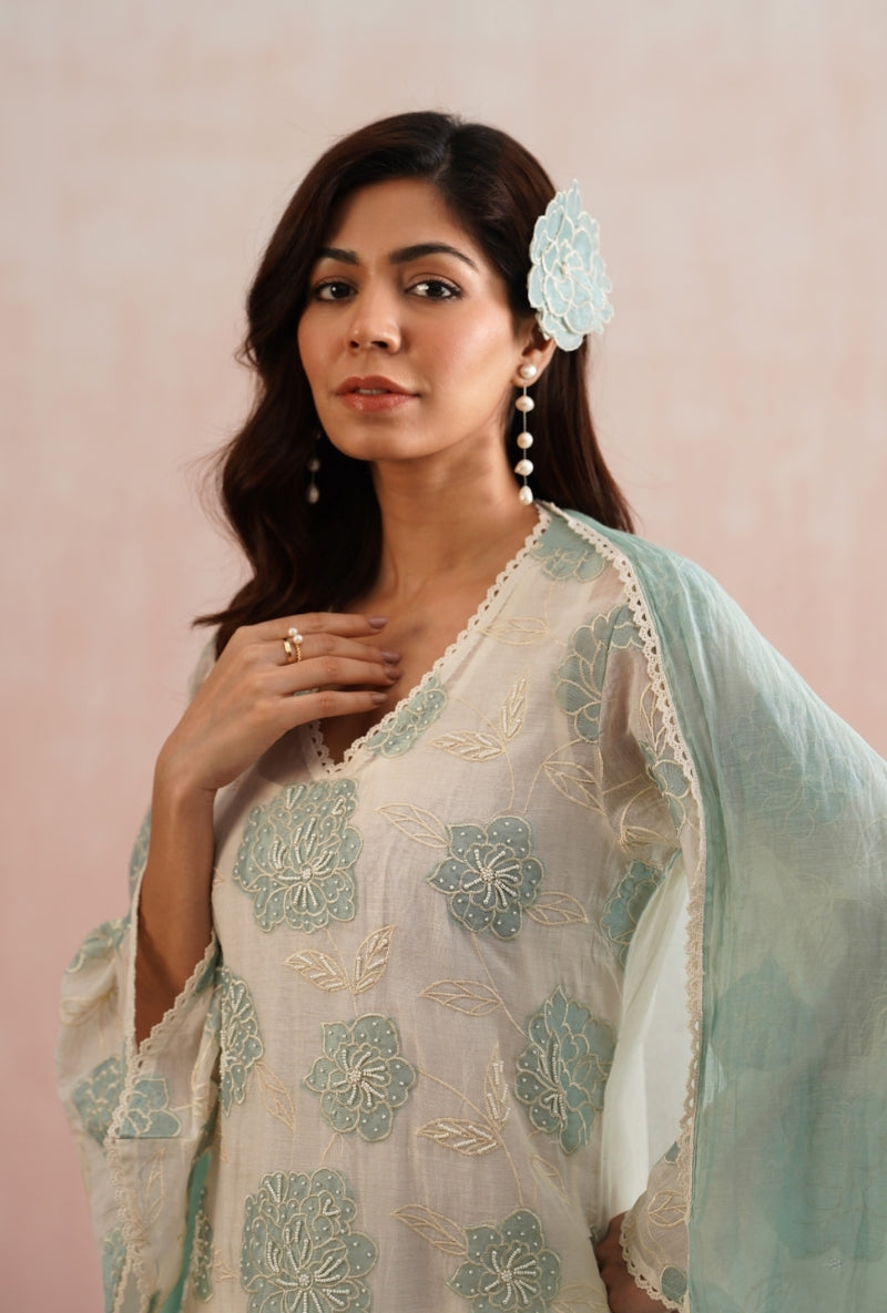Pale Blue Applique and Pearl Embroidered Prisha Kurta Set