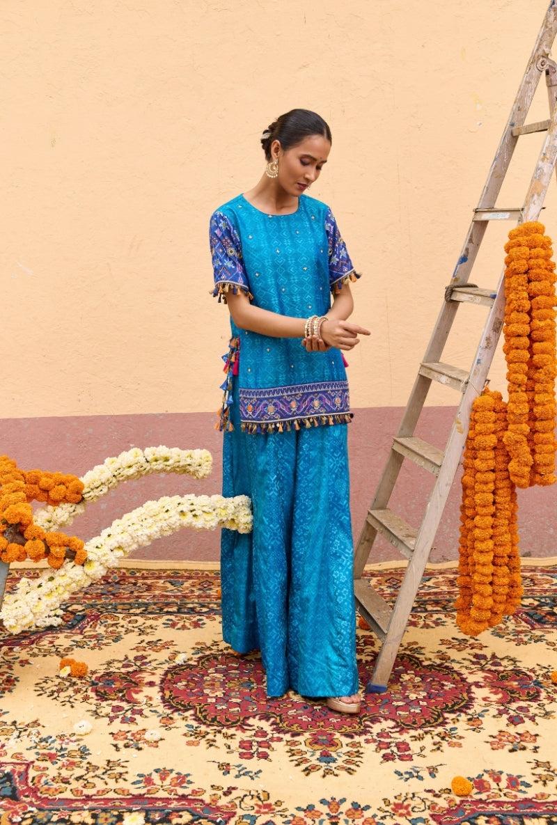 Blue Mirror Work Oorja Sharara Set