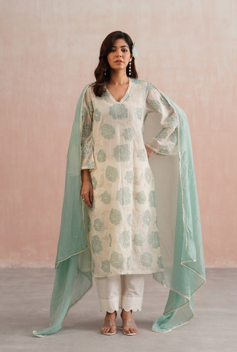Pale Blue Applique and Pearl Embroidered Prisha Kurta Set