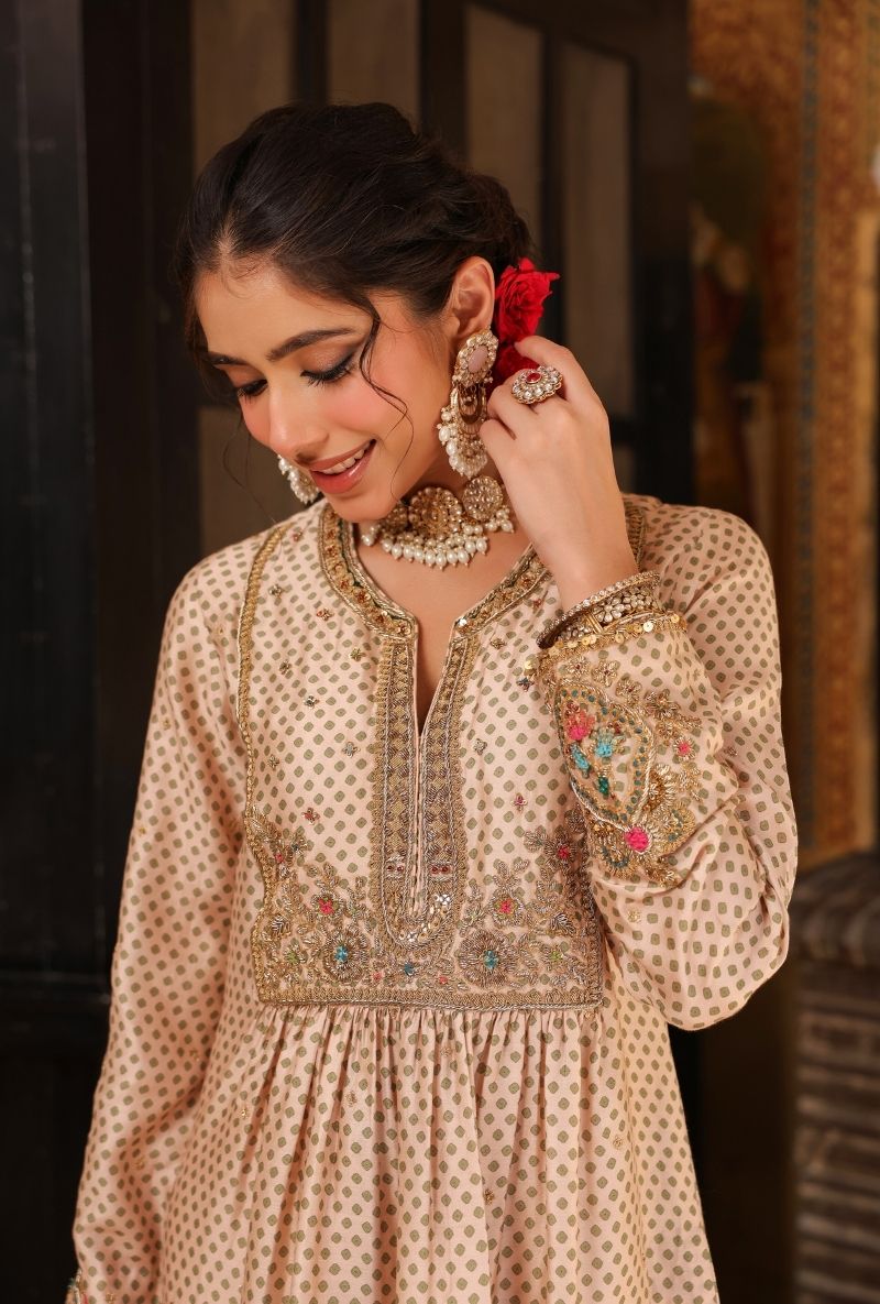 Ivory Printed Frockstyle Mehfil Kurta Set