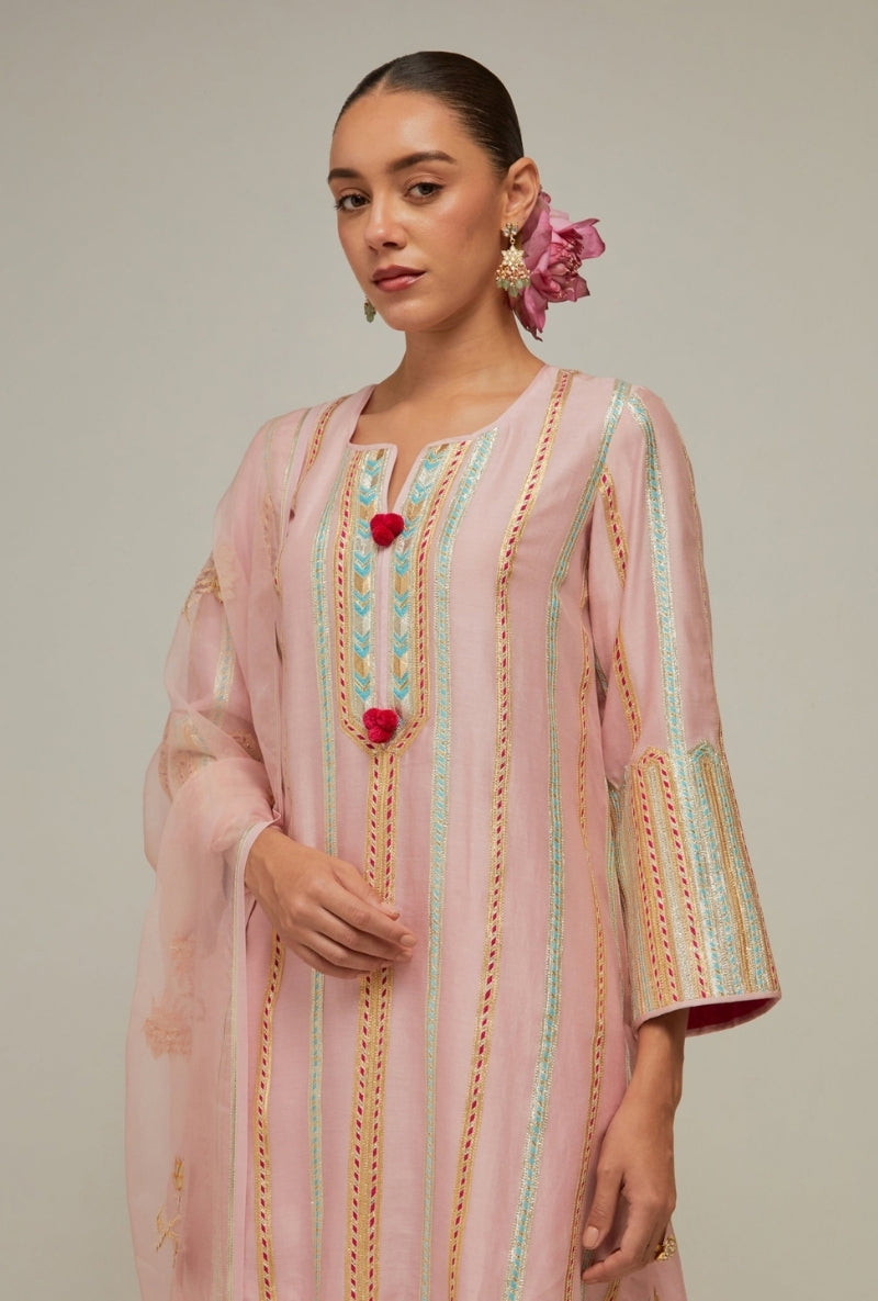 Bubblegum Pink  Multistripe Gota Short Kurta Mehreen Farshi Set