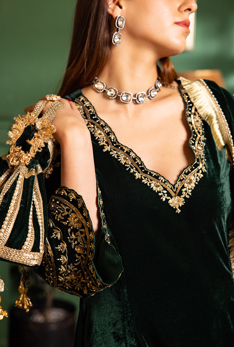 Bottle Green Velvet Scallop V- Neck And Sleeve Dastaan Anarkali Set