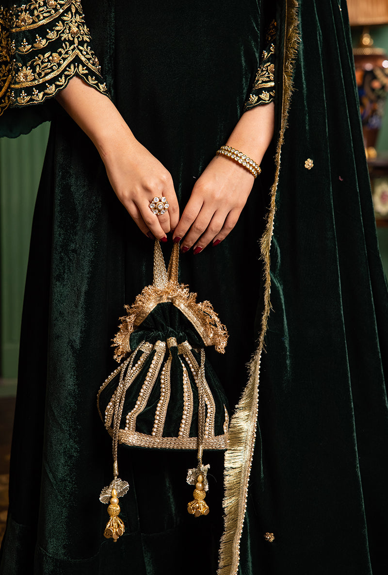 Bottle Green Velvet Scallop V- Neck And Sleeve Dastaan Anarkali Set