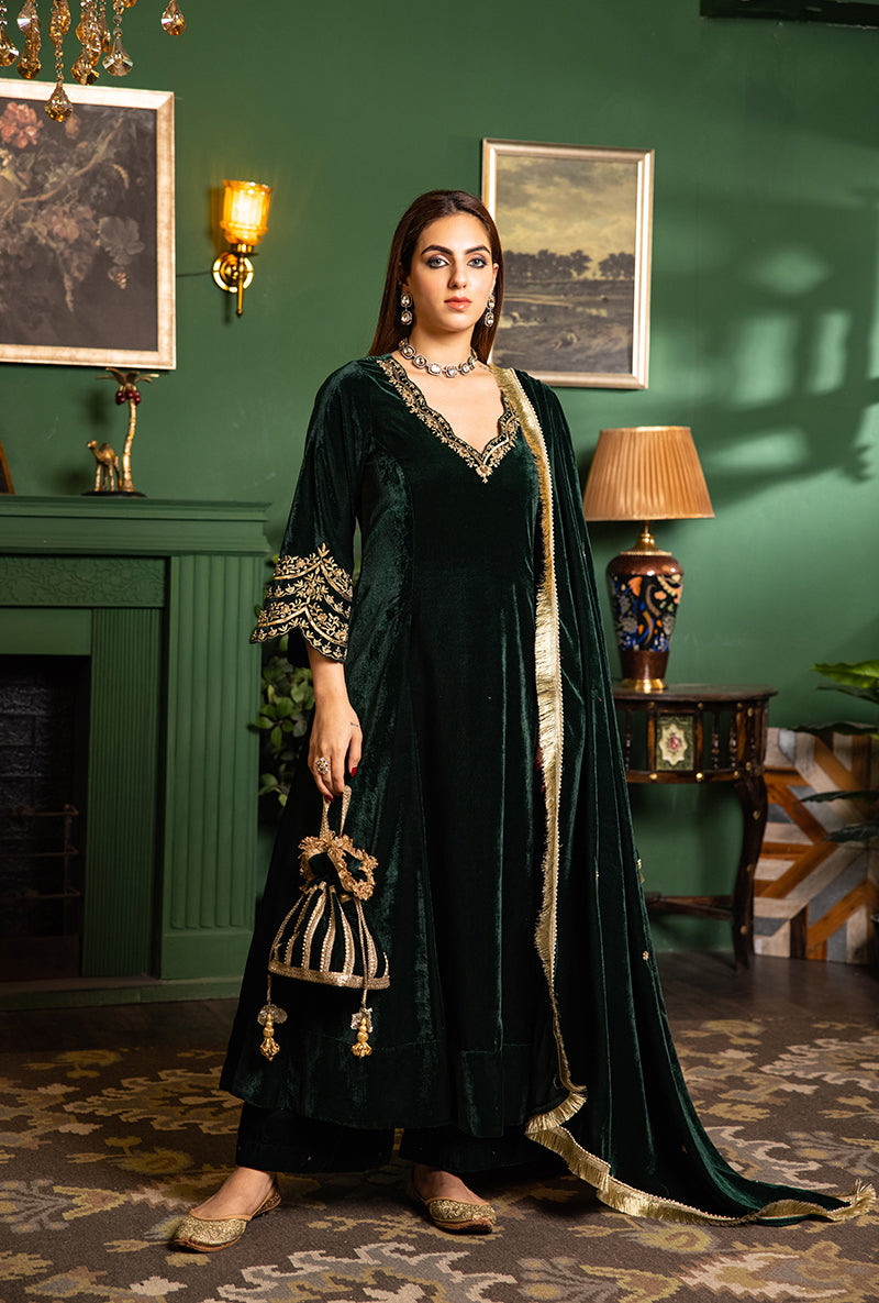 Bottle Green Velvet Scallop V- Neck And Sleeve Dastaan Anarkali Set