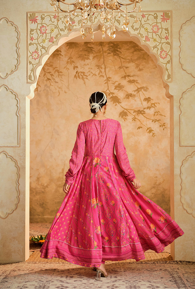 Hot Pink Multiple Kali Goonj Anarkali Set