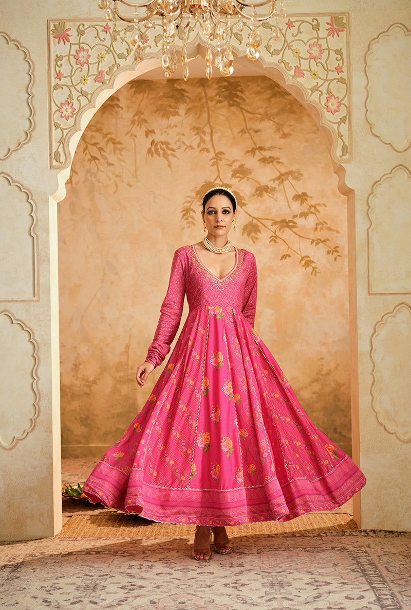 Hot Pink Multiple Kali Goonj Anarkali Set