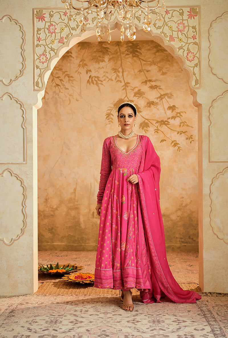 Hot Pink Multiple Kali Goonj Anarkali Set