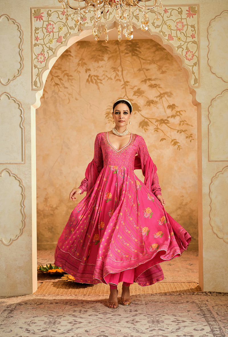 Hot Pink Multiple Kali Goonj Anarkali Set