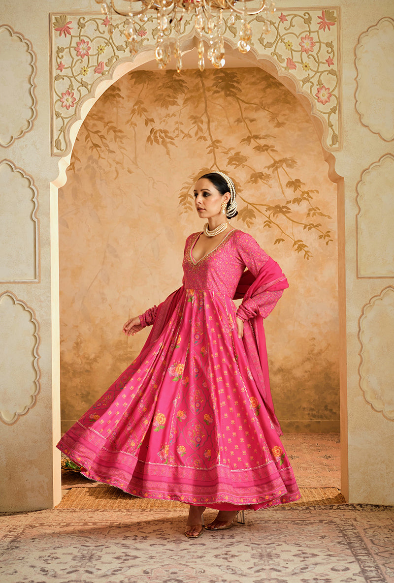 Hot Pink Multiple Kali Goonj Anarkali Set