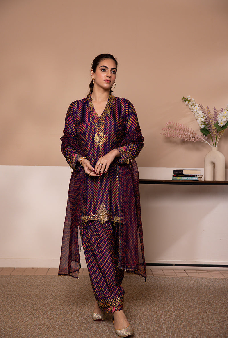 Purple Cheent Print Shaheen Salwar Set