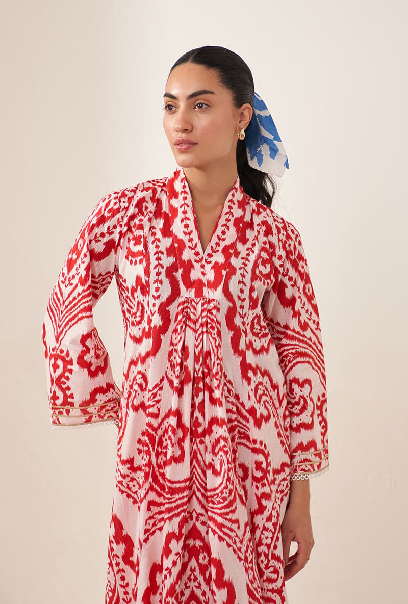 Red V Neck Front Pleat Lovebirds Kurta Set