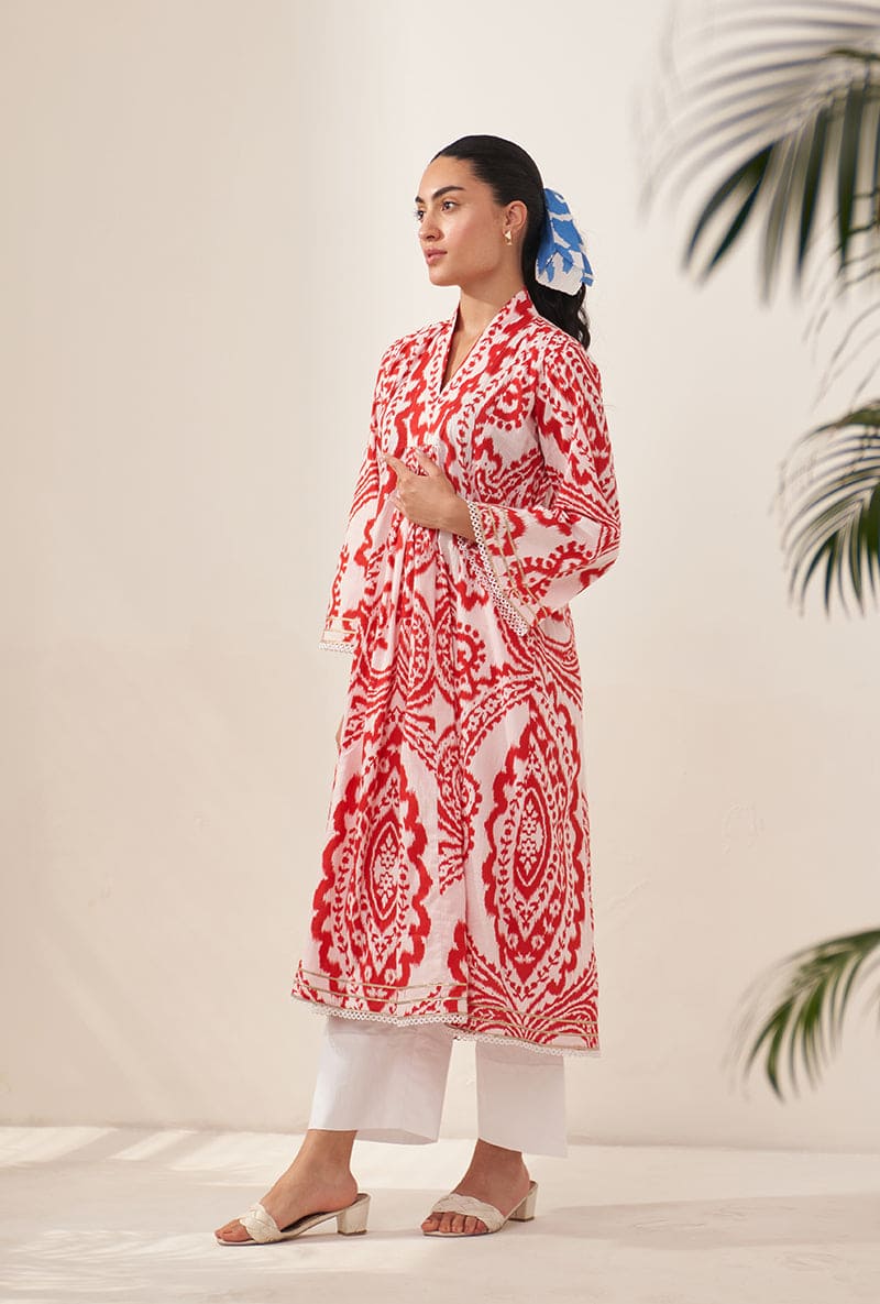 Red V Neck Front Pleat Lovebirds Kurta Set