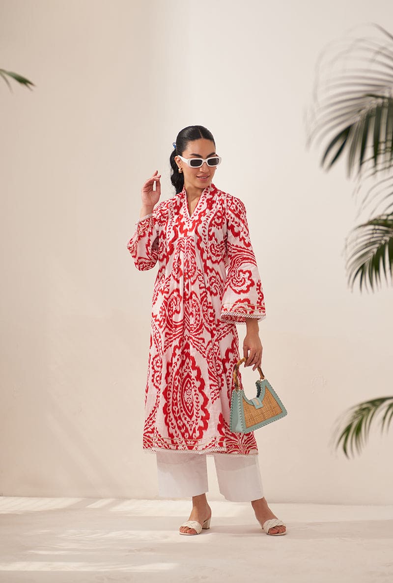 Red V Neck Front Pleat Lovebirds Kurta Set