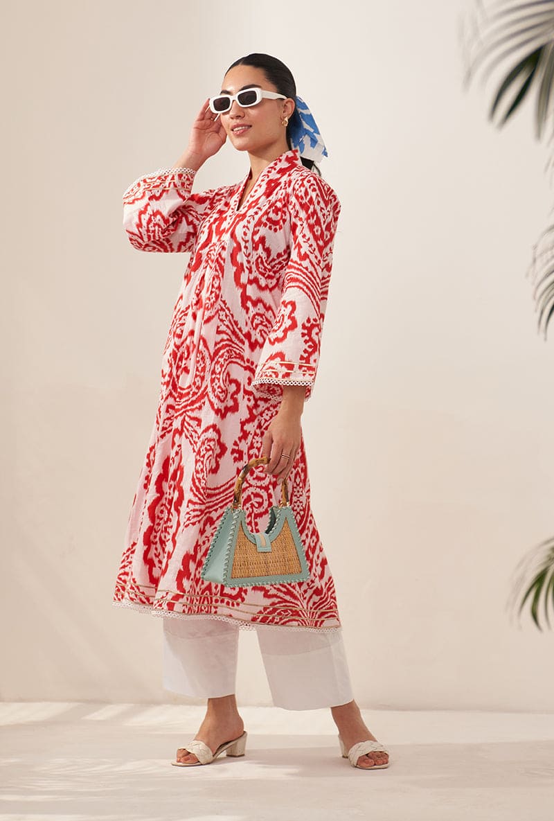 Red V Neck Front Pleat Lovebirds Kurta Set