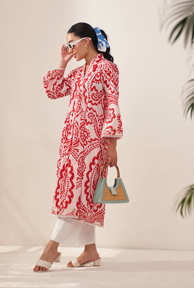 Red V Neck Front Pleat Lovebirds Kurta Set