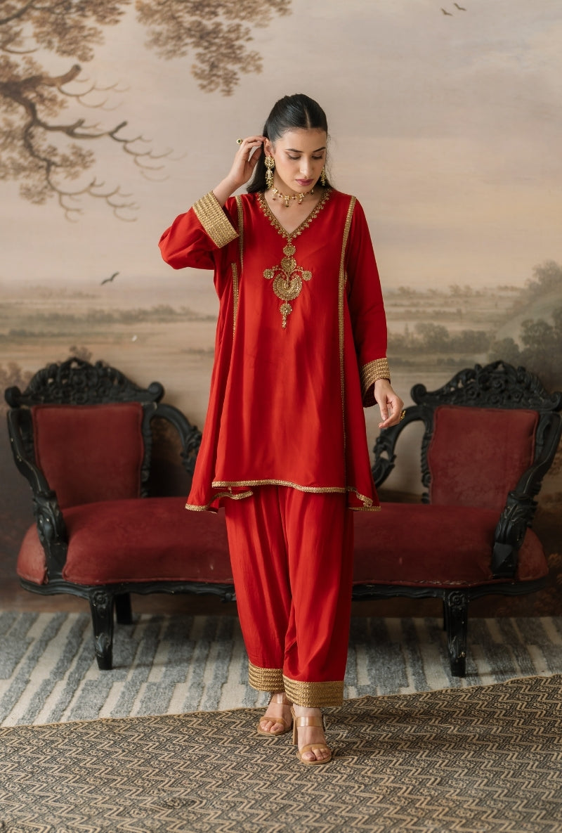 Rust Embroidered Motif Choga Gulbano Salwar Set