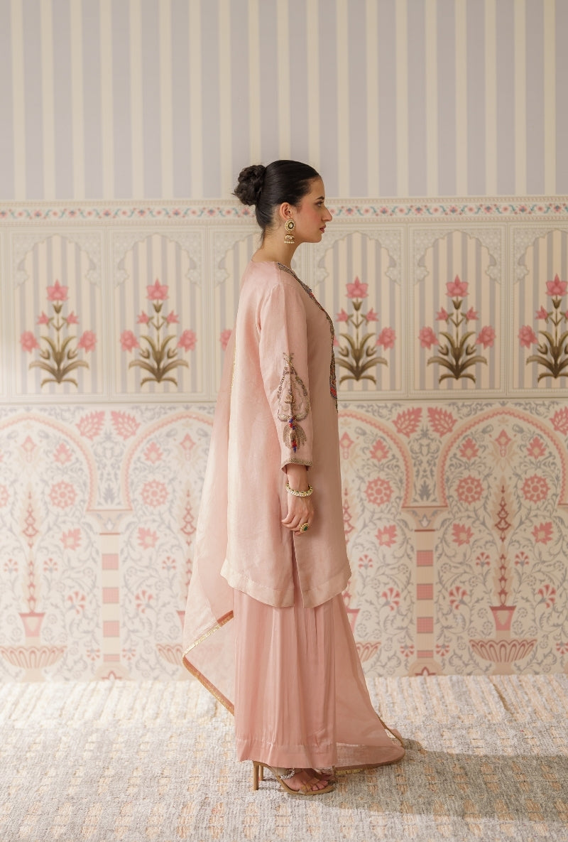 Powder Pink Dabka Long Yoke Mallika Kurta Set
