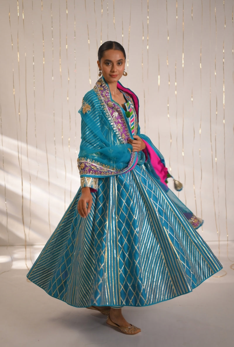 Peacock Blue Gota Lace and Patti Long Mehreen Anarkali Set