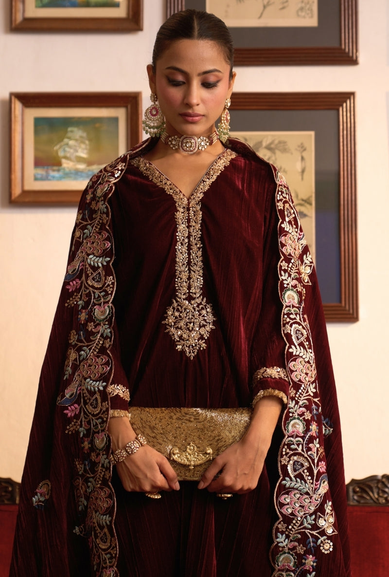 Wine Crushed Velvet Dilbar Kurta Set