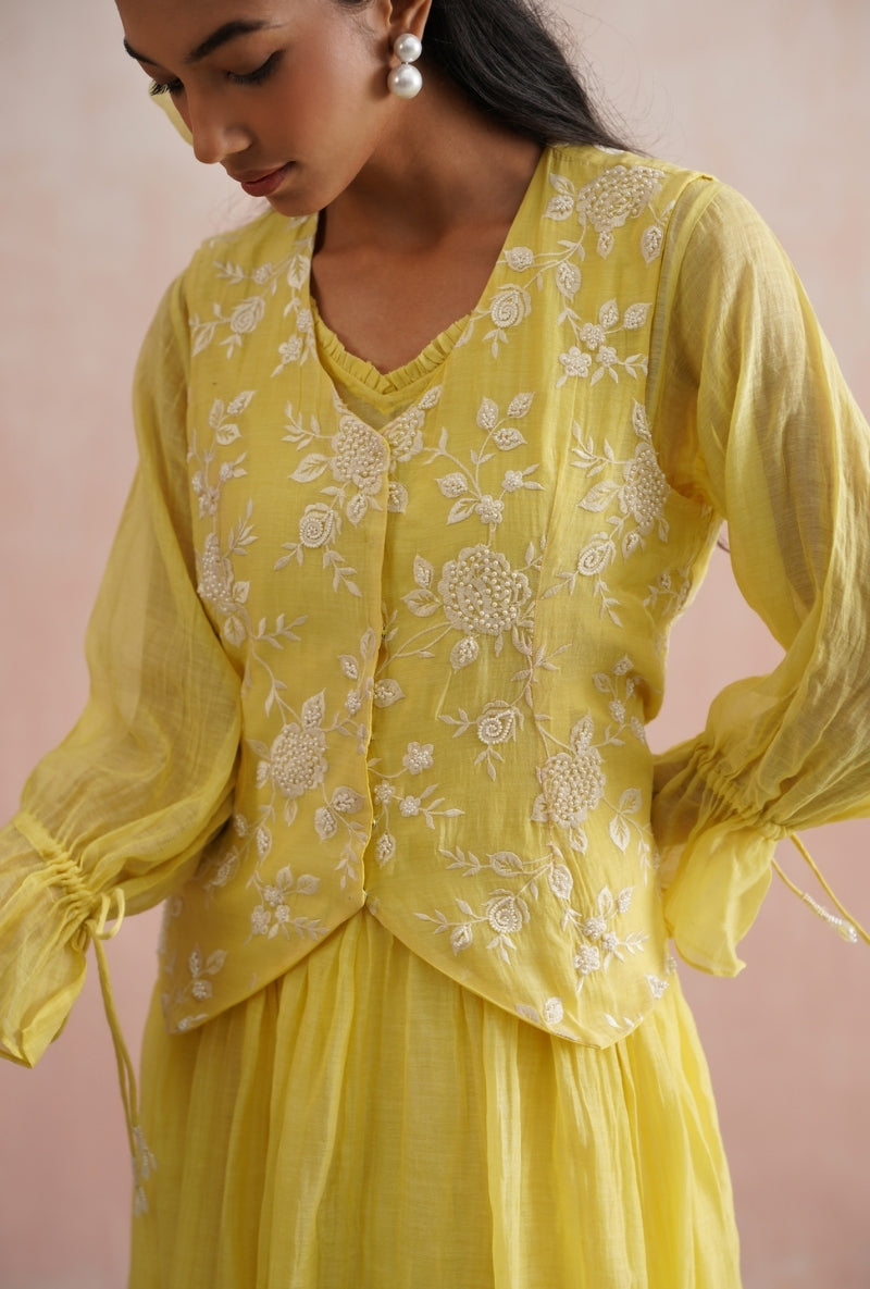 Lemon Yellow Pearl Embroidered Waistcoat Prisha Dress