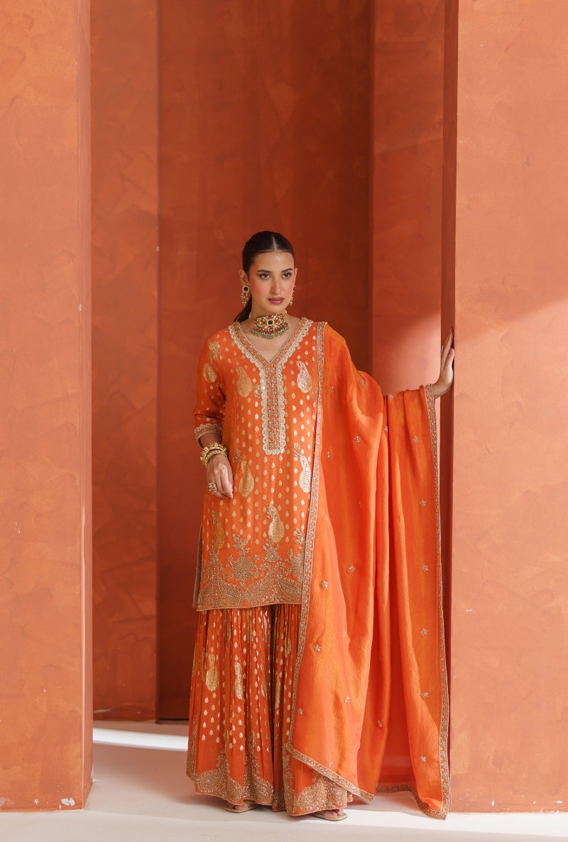 Orange Banarsi Vira Gharara Set