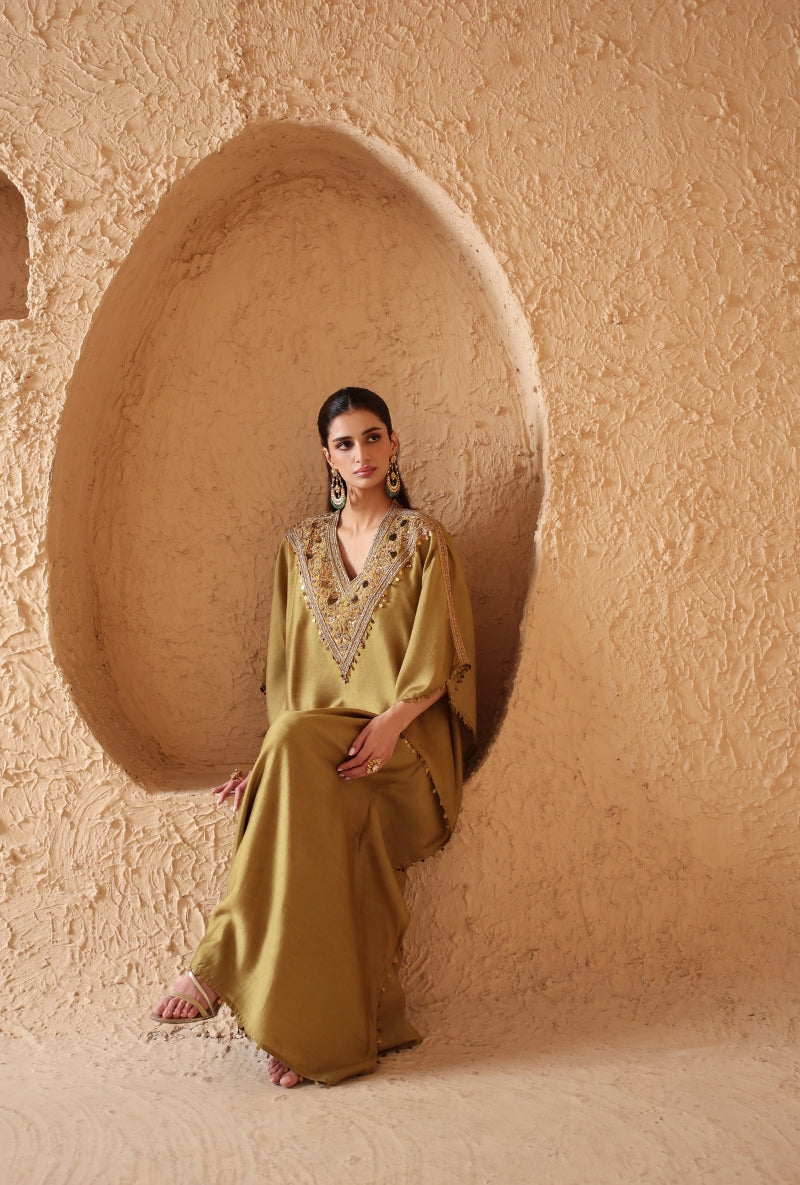 Olive Green V Neck Nihira Kaftan Set
