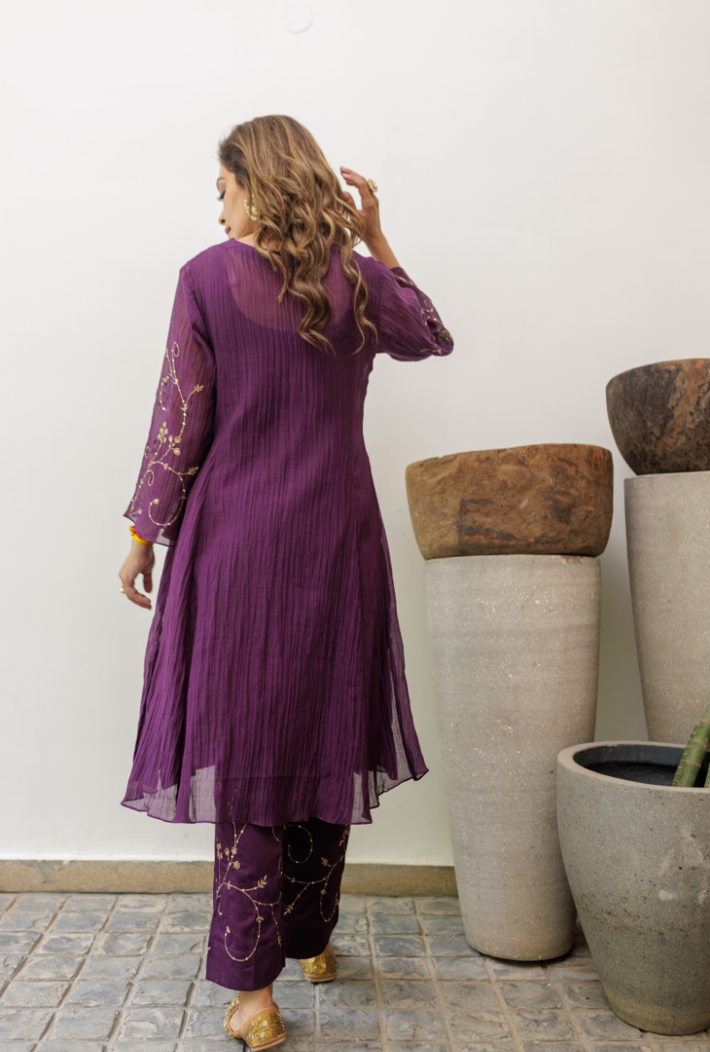 Meghna Nayyar in Purple Zari &amp; Dabka Work Urvi Kurta Set