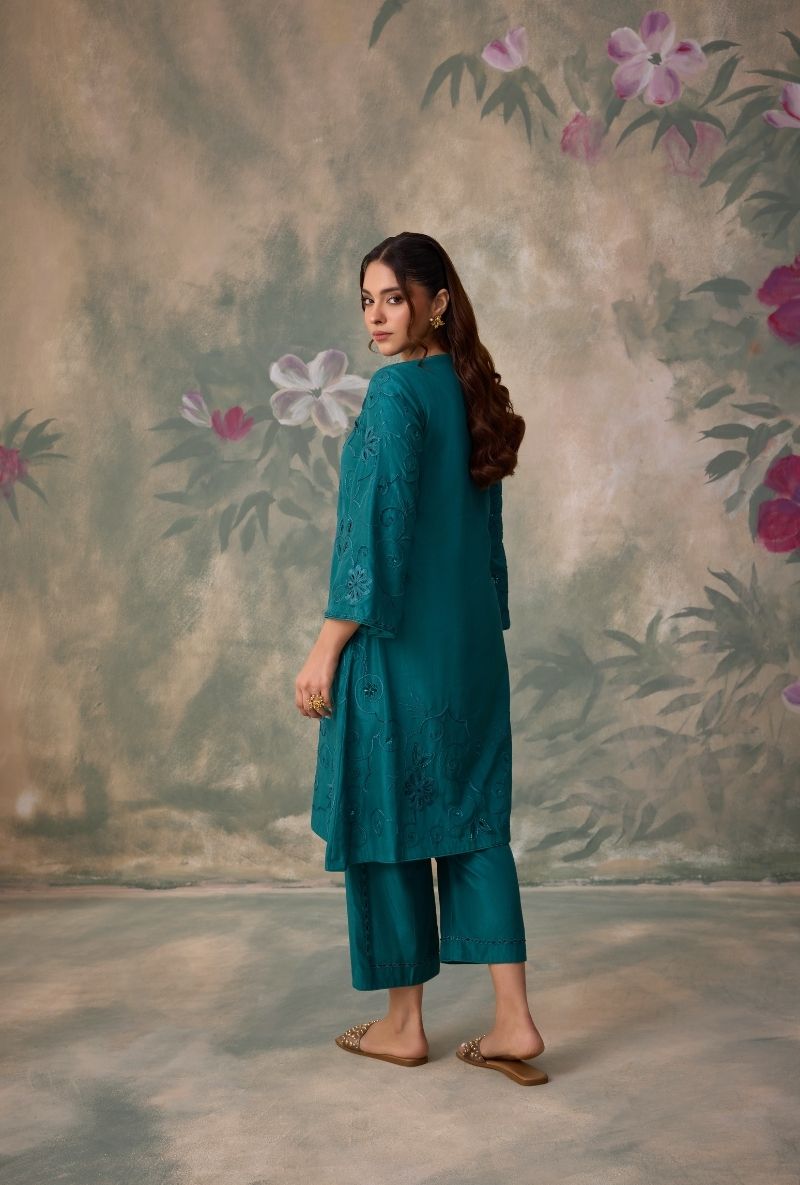 Teal Green All Over Thread Work Jalsa Kurta Set