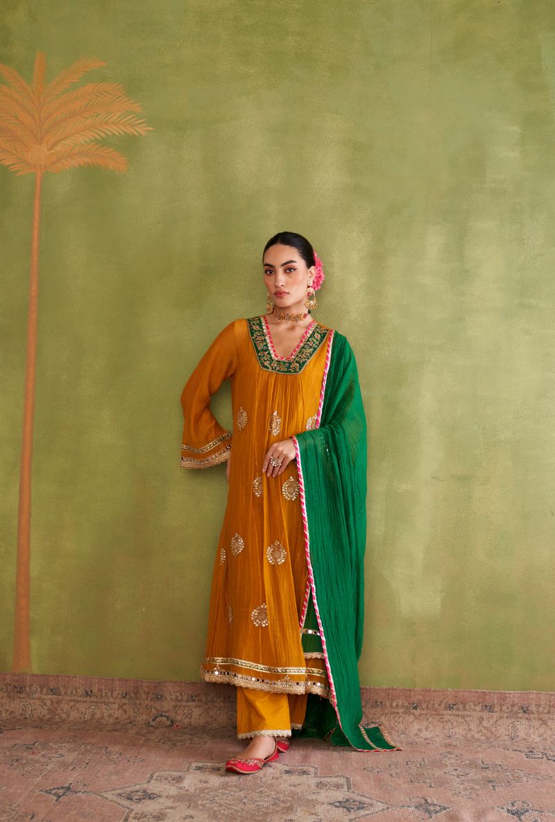 Mustard Contrast Neck Morbagh Kurta Set