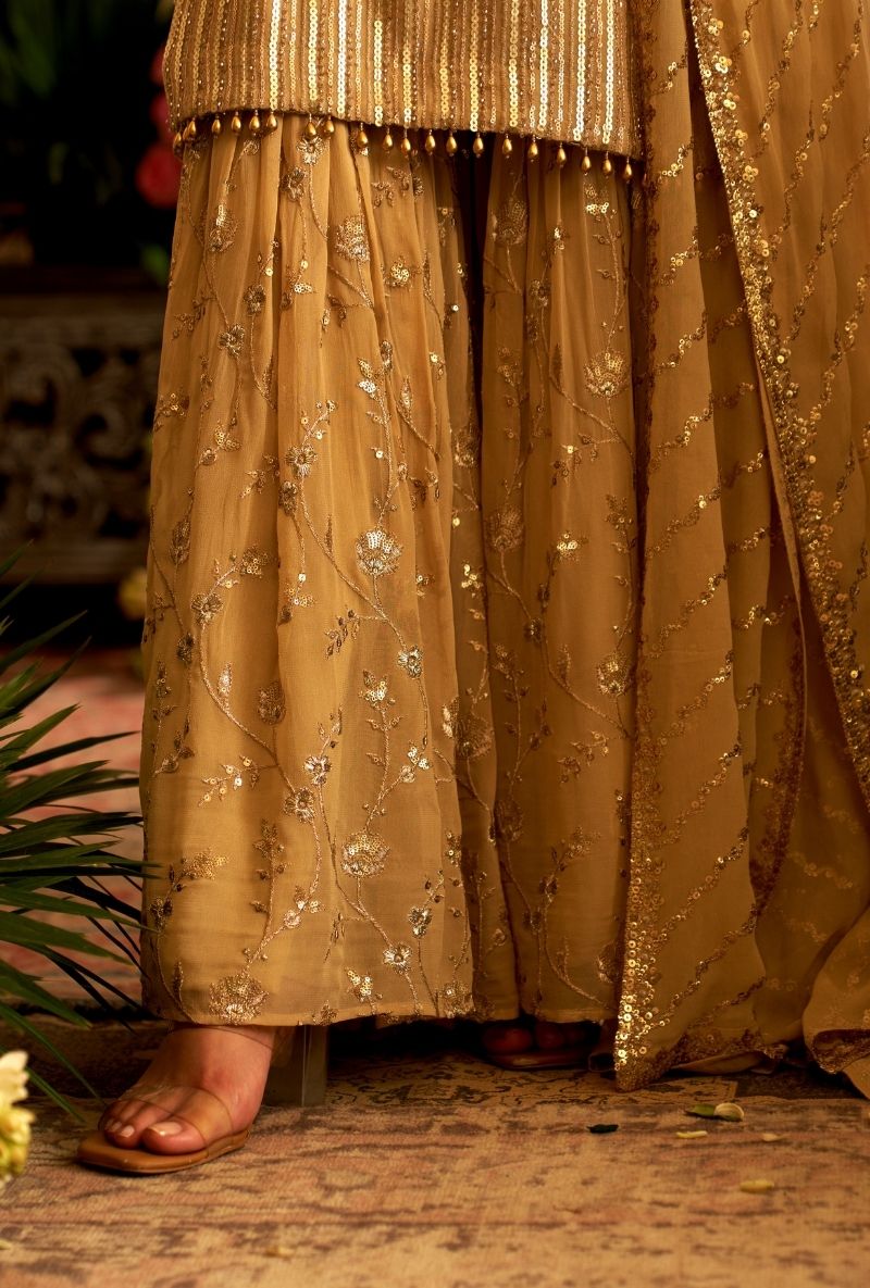 Beige Stripes Sequin Rumi Gharara Set