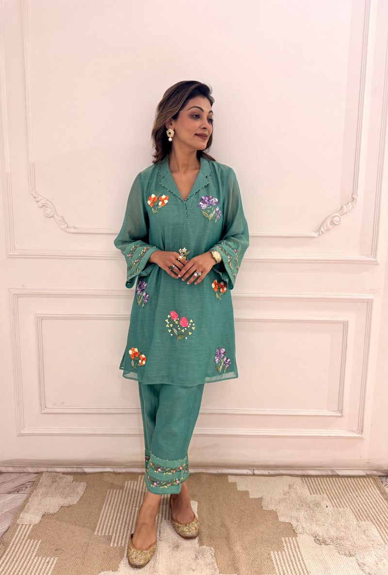 Meghna Nayyar in Matcha Green Collar  Embroidered Zia Co-ord Set