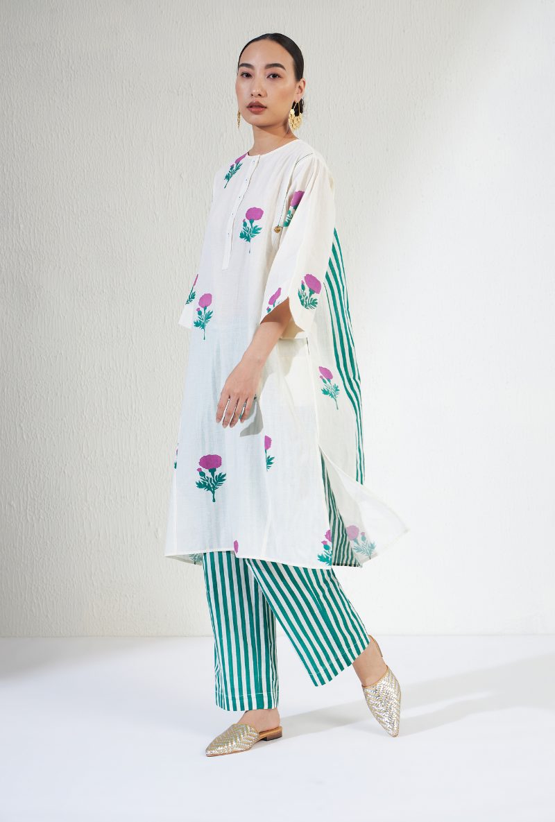 White Hand Block Print Kalidaar Tara Olivia Kurta Set