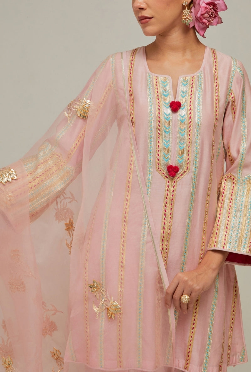 Bubblegum Pink  Multistripe Gota Short Kurta Mehreen Farshi Set