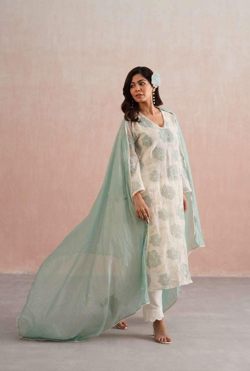 Pale Blue Applique and Pearl Embroidered Prisha Kurta Set