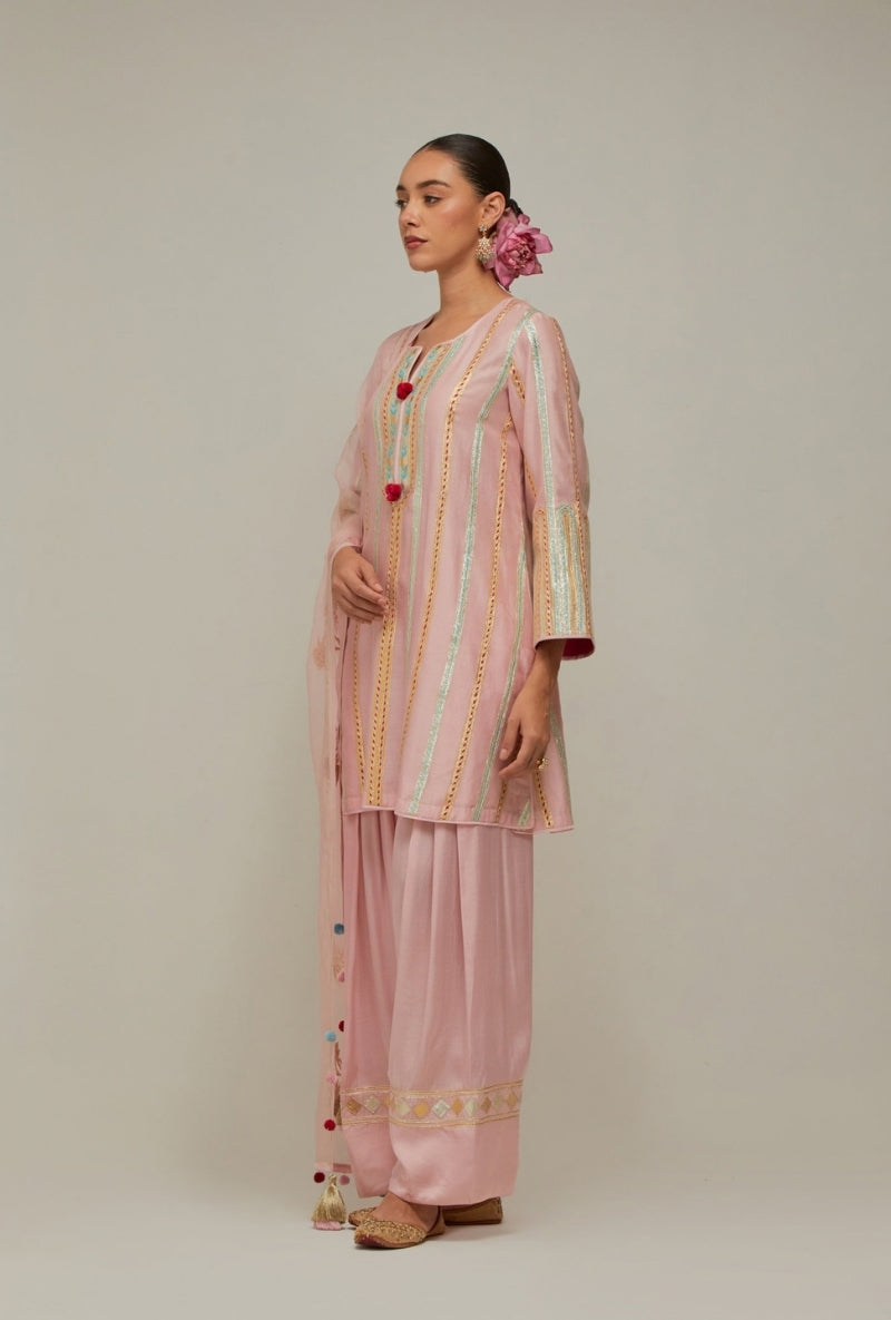 Bubblegum Pink  Multistripe Gota Short Kurta Mehreen Farshi Set